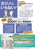 カジノに反対する大阪連絡会がビラを作成しました。 （１面）カジノはいらない 約束破り790区円も税金投入 さらにカジノ用地の賃料を不当に値下げ!? 疑惑　35年で500億円もカジノ業者優遇  （２面）破たんしたベイエリア開発の再現 夢洲・カジノを止めよう 夢洲はごみ処分場として活用を カジノ反対が多数です （１面）（２面） ［ＰＤＦ］カジノはいらない2023年１月ビラ（１面） ［ＰＤＦ］カジノはいらない2023年１月ビラ（１面）